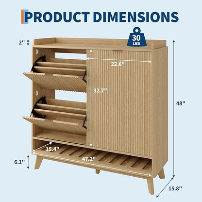 IDEALHOUSE Fluted Shoe Cabinet Storage with 2 Flip Drawers & Sliding Door & Adjustable Shelf Rack，Freestanding Wood Narrow Hidden Shoe Organizer for Entryway, Hallway, Living Room