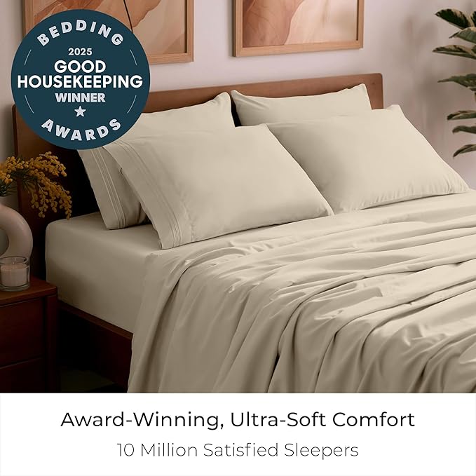 Mellanni Full Sheet Set - 6-Piece Iconic Collection Bedding, (Including 4 Pillowcases), 16-Inch Deep Pocket, Easy Care, Extra Soft, Cooling Sheets, Brushed Microfiber - Beige