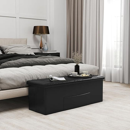 Giantex 43 Inches Folding Storage Ottoman Bench, Upholstered PU Leather Storage Chest with Side Pocket, Padded Seat, End of Bed Bench, Collapsible Ottoman Foot Rest for Living Room, Bedroom & Entryway