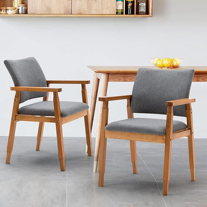 thksbought Set of 4 Mid Century Modern Walnut Dining Chairs Wood Arm Grey Fabric Kitchen Cafe Living Room Decor Furniture