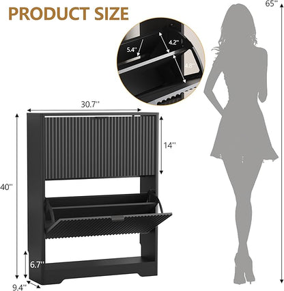 Shoe Cabinet Storage for Entryway with 2 Flip Drawers, Black Fluted Shoe Cabinet with Open Storage, Wooden Hidden Shoe Rack Freestanding Narrow Slim Shoes Organizer for Hallway, Entrance