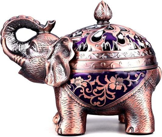 K COOL Metal Backflow Incense Holder Elephant Cone Incense Burner Candle Holder with Lid, Aromatherapy Ornament Home Office Decoration for Indoor Outdoor (Purple)