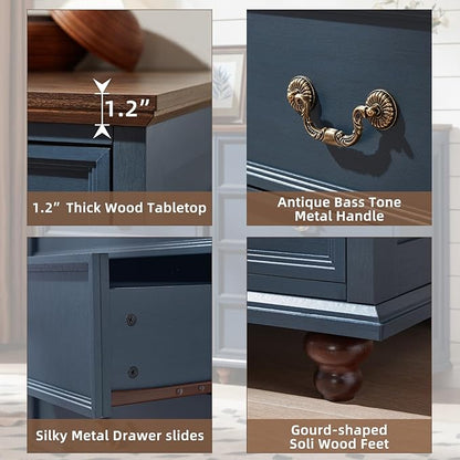 Farmhouse 4 Drawer Dresser Set of 2 for Bedroom, 37" Tall Rustic Chests of Drawers w/ 4 Solid Wood Feet, Mid Century Vintage Wooden Closet Storage Dressers Organizer for Living Room, Navy Blue