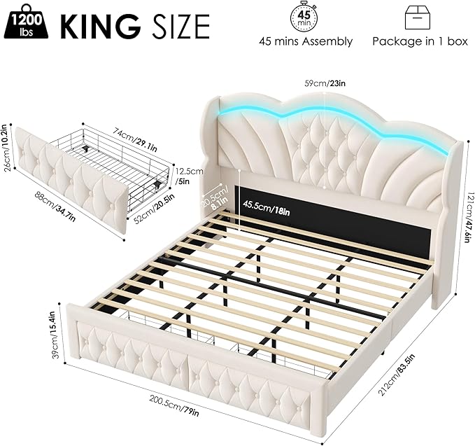 Keyluv King Bed Frame with LED Lights and 2 Storage Drawers, Velvet Upholstered Platform with 47" Tall Arc-Shaped Wingback Headboard and Button Tufted Design, No Box Spring Needed, Noise-Free, Beige