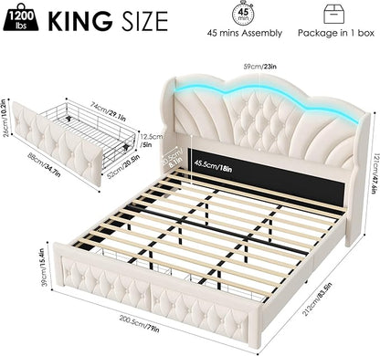 Keyluv King Bed Frame with LED Lights and 2 Storage Drawers, Velvet Upholstered Platform with 47" Tall Arc-Shaped Wingback Headboard and Button Tufted Design, No Box Spring Needed, Noise-Free, Beige
