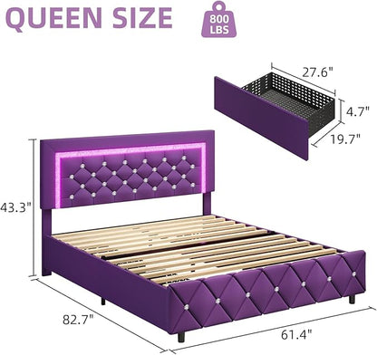 BarnFurin Queen Size Bed Frame with Headboard, Faux Leather Upholstered Bed with Diamond Tufted Design, Mordern Bed Frame with Wooden Slats Suppor, No Box Spring Required, Easy Assembly, Purple