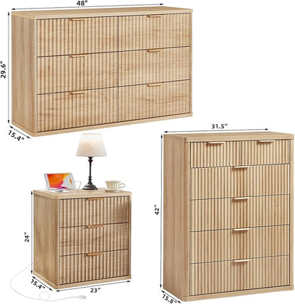 LEYAOYAO Fluted Dressers & Nightstand Set of 4, Wood 48" Wide Dresser & 42" Tall Chest of Drawers,Modern Bedroom Furniture Sets, Natural Wooden Nightstand Set of 2 with 3 Drawers & Charging Station