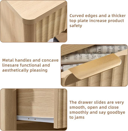 LEYAOYAO 31" Wide Fluted Nightstand Set of 2 with Charging Station, Oversized Extra Large 1 Drawer Night Stand with Golden Handle, Natural Wood Bedside Table Tall End Tables,for Bedroom, Living Room