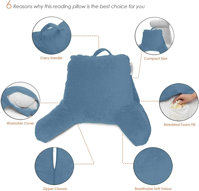 Nestl Reading Pillow with Shredded Memory Foam, Designed for Sitting Up in Bed and Couch, Back and Arms Adjustable Support for Adult & Teens Backrest Pillows for Reading, Washable Cover, Blue Heaven