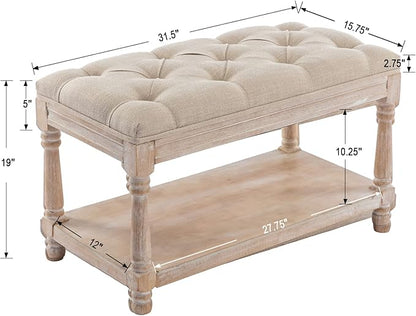 DUOMAY Farmhouse Tufted Storage Ottoman Bench with Shelf, 31.5" Width Linen Upholstered Entryway Shoe Ottoman Foot Stool for Bedroom Living Room Dining Room, Beige