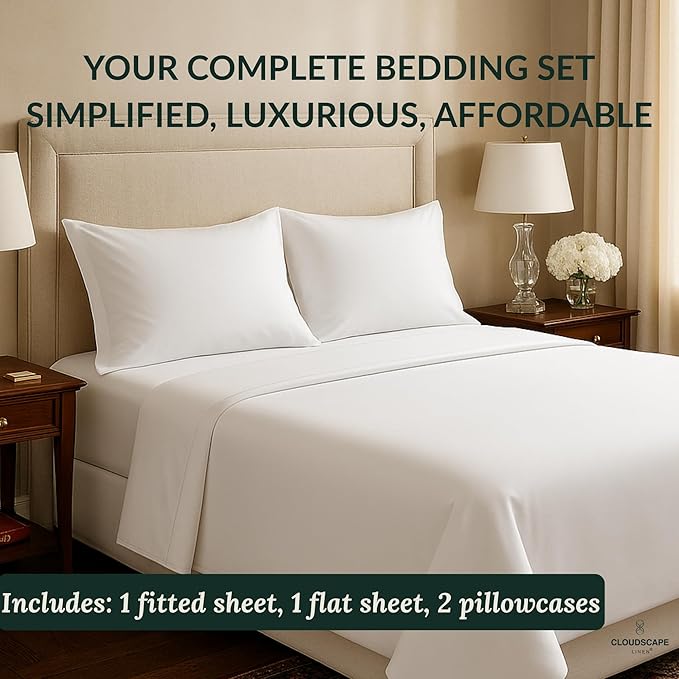 Cloud Scape Linen 100% Egyptian Cotton California King Sheet Set, 400 Thread Count,4 Pieces Luxury Bedding Set, Hotel Quality, Silky Soft, Breathable and Durable, Deep Pockets up to 17, White