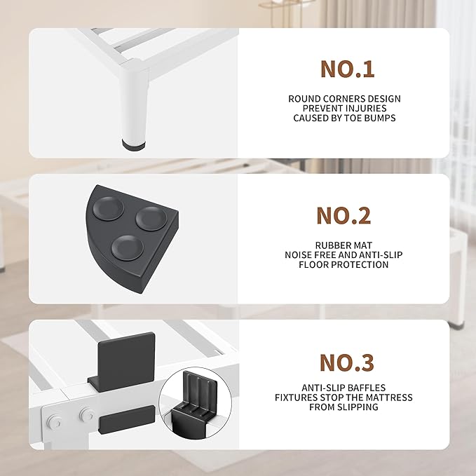 MAF 16 Inch Queen Size Bed Frame White with Round Corner Legs Mattress Slide Stopper No Box Spring Needed Heavy Duty Metal Platform Bed Frames Under-Bed Storage Space, 3000 LBS Steel Slats Support