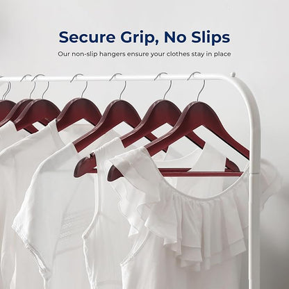 SereneLife 50-Pack Wooden Coat Hangers – Durable Suit Hangers with 360° Swivel Hook & Notches – Slim Design for Shirts, Jackets, Dresses, and More (Cherry)