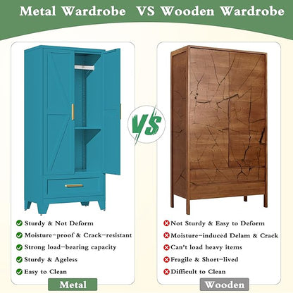 71" Tall Metal Armoire Wardrobe Closet with Removable Hanging Rod and Doors,Blue Armoire Wardrobe Cabinet for Garage Laundry Room Office