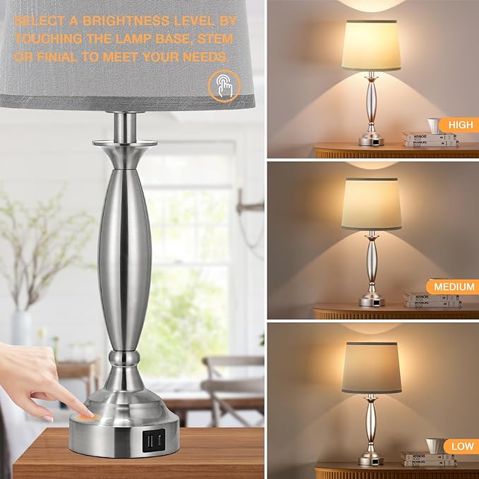 Bedrooms Touch Control Bedside Lamp with USB C+A, 3 Way Dimmable Nightstand Lamps with USB Port, Brushed Nickel Table Lamp for Living Room Guest Room Bed Side End Table, Set of 2