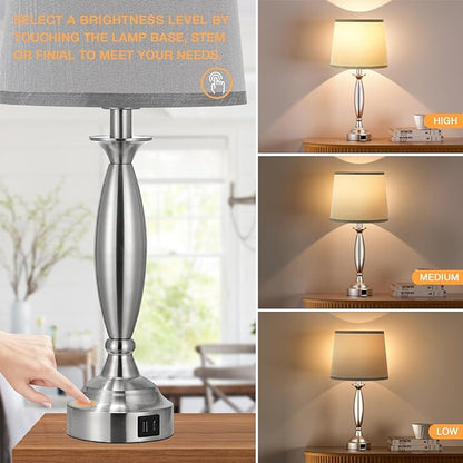 Bedrooms Touch Control Bedside Lamp with USB C+A, 3 Way Dimmable Nightstand Lamps with USB Port, Brushed Nickel Table Lamp for Living Room Guest Room Bed Side End Table, Set of 2
