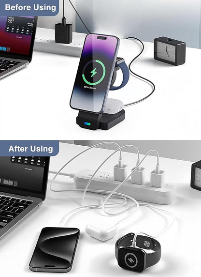 3-in-1 Charging Station for Apple MagSafe Charger, Foldable Wireless Charging Station Magnetic Charger Stand for iPhone 17 Air/16/15/14/13/12 Series/Apple Watch10-2/Airpods (Black)