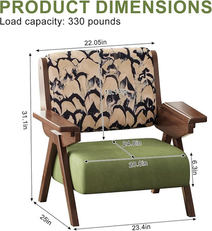 Mid Century Modern Accent Chair, Fabric Upholstered Lounge Arm Chair with Solid Wood Frame for Living Room, Bedroom, Office, Reading Corner (Feather Print, Set of 2)