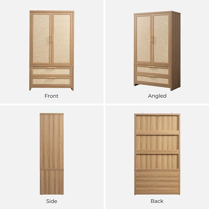 SICOTAS Rattan Armoire Wardrobe Closet Cabinet, 71" Tall Wardrobe Storage Cabinet with 2 Drawers and Hanging Rod, Boho Large-Capacity Deep Armoire Clothes Organizer for Bedroom, Cloak Room, Oak