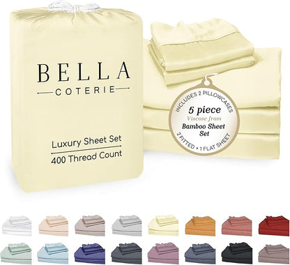 Bella Coterie Luxury Bamboo Viscose Split King Size Sheet Set | 2 Fitted Sheets for Sleep Number & Adjustable Beds | 100% Organically Grown | Cooling & Ultra Soft | 18” Deep Pocket [Lemonade]