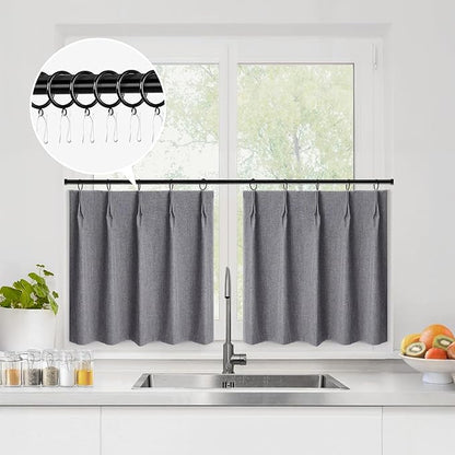 WdFour 42x36 Inch Pinch Pleated Blackout Cafe Curtains - Pack of 2, 100% Light Blocking Back Tab Drapes for Half Windows, Kitchen & Bathroom Short Curtains in Dark Gray