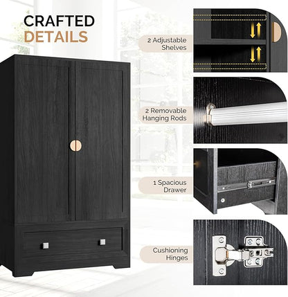 VINGLI Armoire Wardrobe Closet with Doors, 38" W Armoire Wardrobe Cabinet with Drawers and Hanging Rod, Black Wood Bedroom Armoires, 21" D x 38" W x 65" H