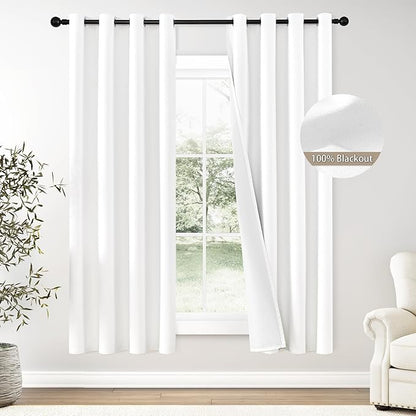 ChrisDowa 100% Blackout Pure White Solid Curtains 72 Inches Long 2 Panels for Bedroom Living Room,Farmhouse Room Darkening Thermal Insulated Soundproof Grommet Top Window Treatment Drapes,52x72