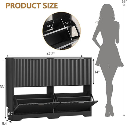 Shoe Cabinet Storage for Entryway with 4 Flip Drawers, Black Fluted Shoe Cabinet with Adjustable Shelves, Wooden Hidden Shoe Rack Freestanding Narrow Slim Shoes Storage for Hallway, Entrance