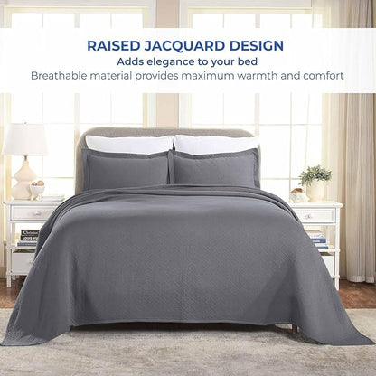 Superior 100% Cotton Basket Weave Bedspread with Shams, All-Season Premium Cotton Matelasse Jacquard Bedding, Quilted-Look Geometric Basket, Queen, Grey