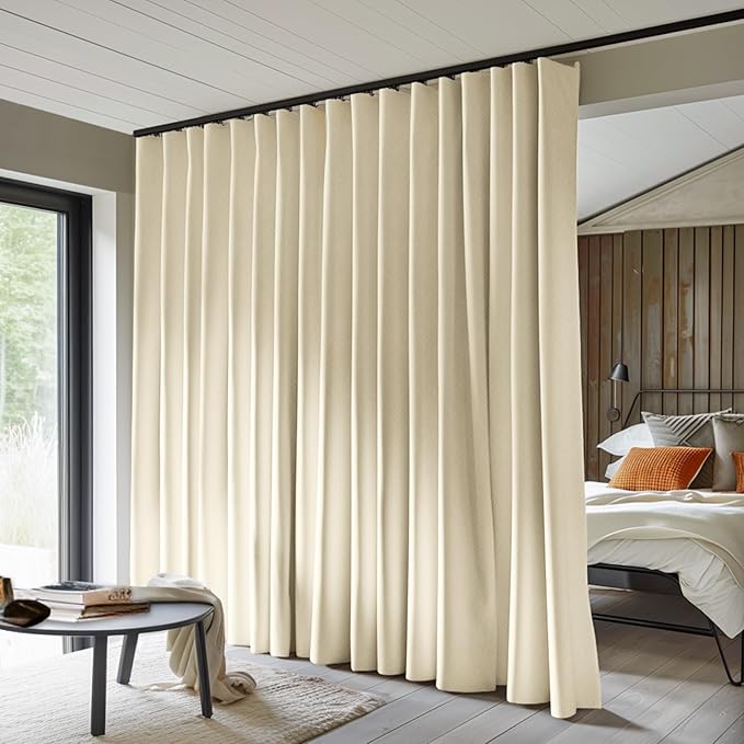 Room Divider Curtains Total Blackout Privacy Curtain Panel Room Thermal Insulated Noise Reduction Curtains for Bedroom Window Living Room Ceiling Track Curtain W 8.3 ft × H 7 ft Beige
