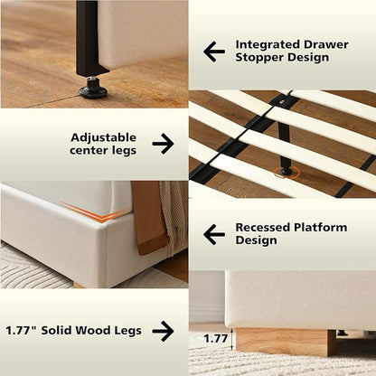 VELOCAVA Queen Size Upholstered Bed Frame with Extra Tall 71.5" 3D Geometric Headboard, Velvet-Like Fabric, 2 Storage Drawers, 30 Wood Slats, Adjustable Center Support, No Box Spring Needed, Beige