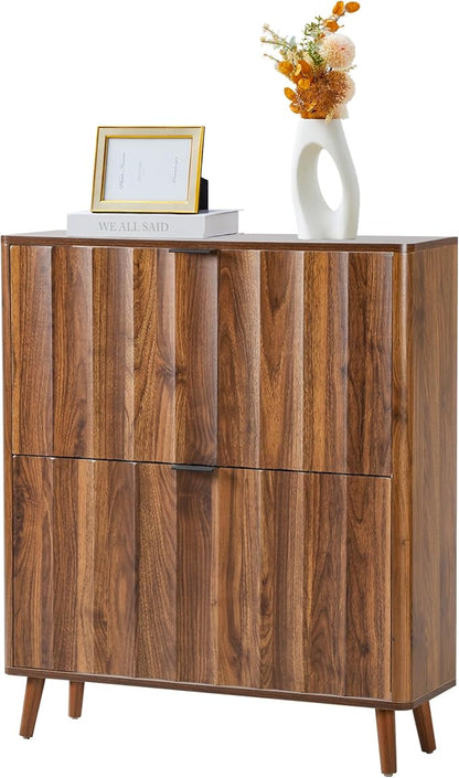 31.5” Fluted Shoe Cabinet Storage with 2 Flip Drawers,Narrow Freestanding Shoe Storage Organizer,Slim Shoe Rack Cabinet for Entryway,Hallway (Walnut)