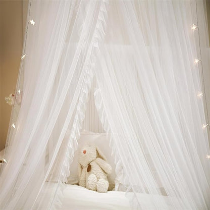 VETHIN Princess Bed Canopy for Girls Double Layer Sheer Mesh Dome Elegant Lace Mosquito Net Bed Curtain for Full Queen King Bed with led Stars String Lights(White/White)