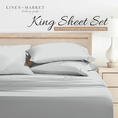 Linen Market Brushed Microfiber King Sheet Set 4 Piece – Oeko-TEX Certified Ultra Soft & Wrinkle-Free - 16" Deep Pocket Sheets - Easy Care King Size - Light Gray
