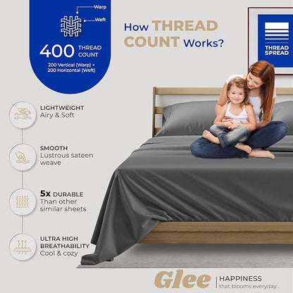 THREAD SPREAD 2-Pack Twin XL Sheet Sets Cotton - 400 Thread Count 100% Cotton Sateen Weave - Soft, Breathable, Hotel Quality Cooling Sheets, 2 Sets of Twin XL Size Deep Pocket Bed Sheets (Dark Grey)