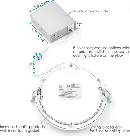 LUXRITE 6 Inch Ultra Thin LED Recessed Light with J-Box, 12W, Color Temperature Selectable 2700K | 3000K | 3500K | 4000K | 5000K, Dimmable Wafer Light, 1000 Lumens, Energy Star, IC Rated