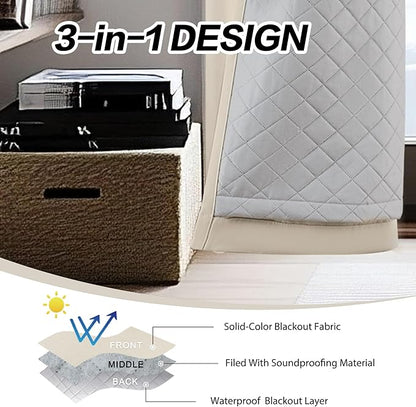 3-in-1 100% Blackout Curtains 84 Inches Long Thermal Insulation Soundproof Noise Canceling Curtains for Bedroom Living Room (W50xL84 Inch, Beige, 1 Panel)