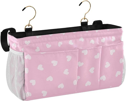 Bedside Caddy Hanging Bunk Bed Caddy Bed Organizer Hanging Pocket with 2 Hooks Bedside Storage Organizer Pocket Bag Holder Heart Pink