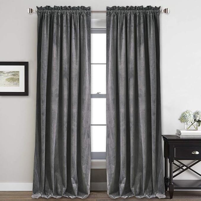 StangH Velvet Curtains 120 inches Long - Extra Long Rod Pocket Blackout Curtains for Living Room, Room Darkening Thermal Insulated Backdrops for Hall/Bedroom, Grey, W52 x L120, 2 Panels