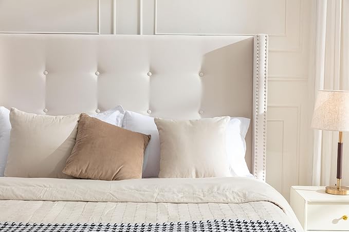 Queen Size Upholstered Bed Frame, 54" Tall Headboard Platform Bedframes with Nail Head Decorative Wingback, Hand Buttoned Tufting Headboard Beds/No Box Spring Needed/Minimalism, Ivory Velvet