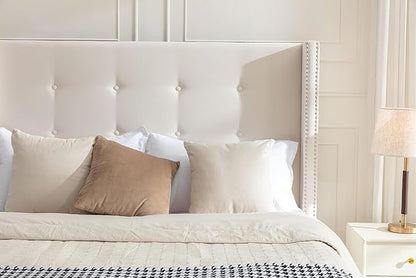 Queen Size Upholstered Bed Frame, 54" Tall Headboard Platform Bedframes with Nail Head Decorative Wingback, Hand Buttoned Tufting Headboard Beds/No Box Spring Needed/Minimalism, Ivory Velvet