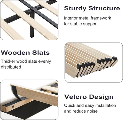 Full Platform Bed Frame, Velvet Upholstered Bedframe with Vertical Channel Adjustable Headboard, Golden Plating Trim, Mattress Foundation with Wooden Slats, No Box Spring Needed, Green