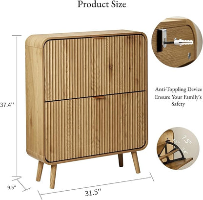 31.5" Fluted Shoe Cabinet with 2 Flip Drawers, Slim Freestanding Shoe Cabinet Organizer, Narrow Shoes Storage Rack for Entryway, 4 Sturdy Legs (Walnut)