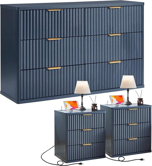 LEYAOYAO Fluted Dresser and 3 Drawers Nightstand Set of 2, Wood 48" Wide Dresser & 23" Night Stand with Charging Station, 3 Piece Bedroom Furniture Set, Chest of Drawers for Home,Living Room,Nave Blue