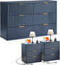 LEYAOYAO Fluted Dresser and 3 Drawers Nightstand Set of 2, Wood 48" Wide Dresser & 23" Night Stand with Charging Station, 3 Piece Bedroom Furniture Set, Chest of Drawers for Home,Living Room,Nave Blue