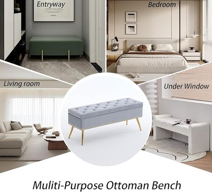 Velvet Storage Bench with Gold Legs& Nailhead Trim, 46" Wide Upholstered Modern Bedroom Bench for End of Bed, Tufted Ottoman for Entryway Living Room Dining Room (Gray, 46" Wide)