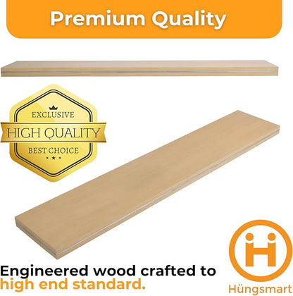 HÜNGSMART 60 Inch Wooden Floating Shelf – Supports 300lbs - Engineered Wood - 5 Foot Long – Oak Finish with Stainless Steel Insert– Includes Laser Welded Precision Wall Bracket (60 x 11 13/16 inches)
