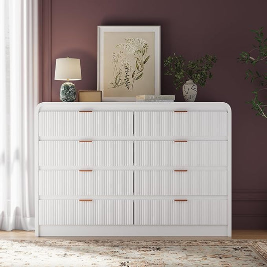 FURSUN Fluted 8 Drawers Dresser for Bedroom, 55" Wide Wooden Dresser with Metal Handle, Curved Profile Design, Modern Storage Organizer for Bedroom, Living Room, Hallway, White