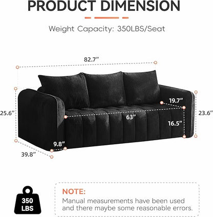 83'' Boneless Corduroy Sofa, Oversized 3 Seater Deep Seat Couch with Rounded Armrest, Modern Upholstered Cloud Sofa for Living Room, No Assembly, Black