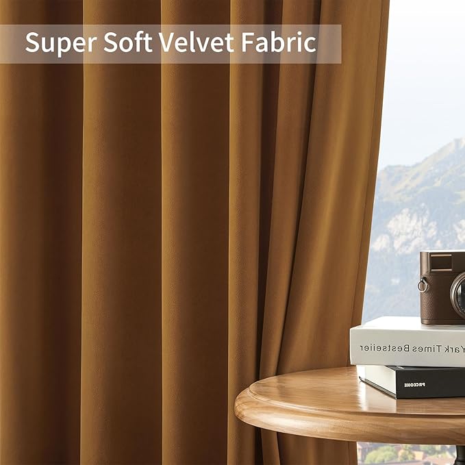 Joydeco Brown Velvet Curtains 72 inch Length 2 Panels, Luxury Blackout Rod Pocket Thermal Insulated Window Curtains, Super Soft Room Darkening Drapes for Living Dining Room Bedroom,W52 x L72 inches